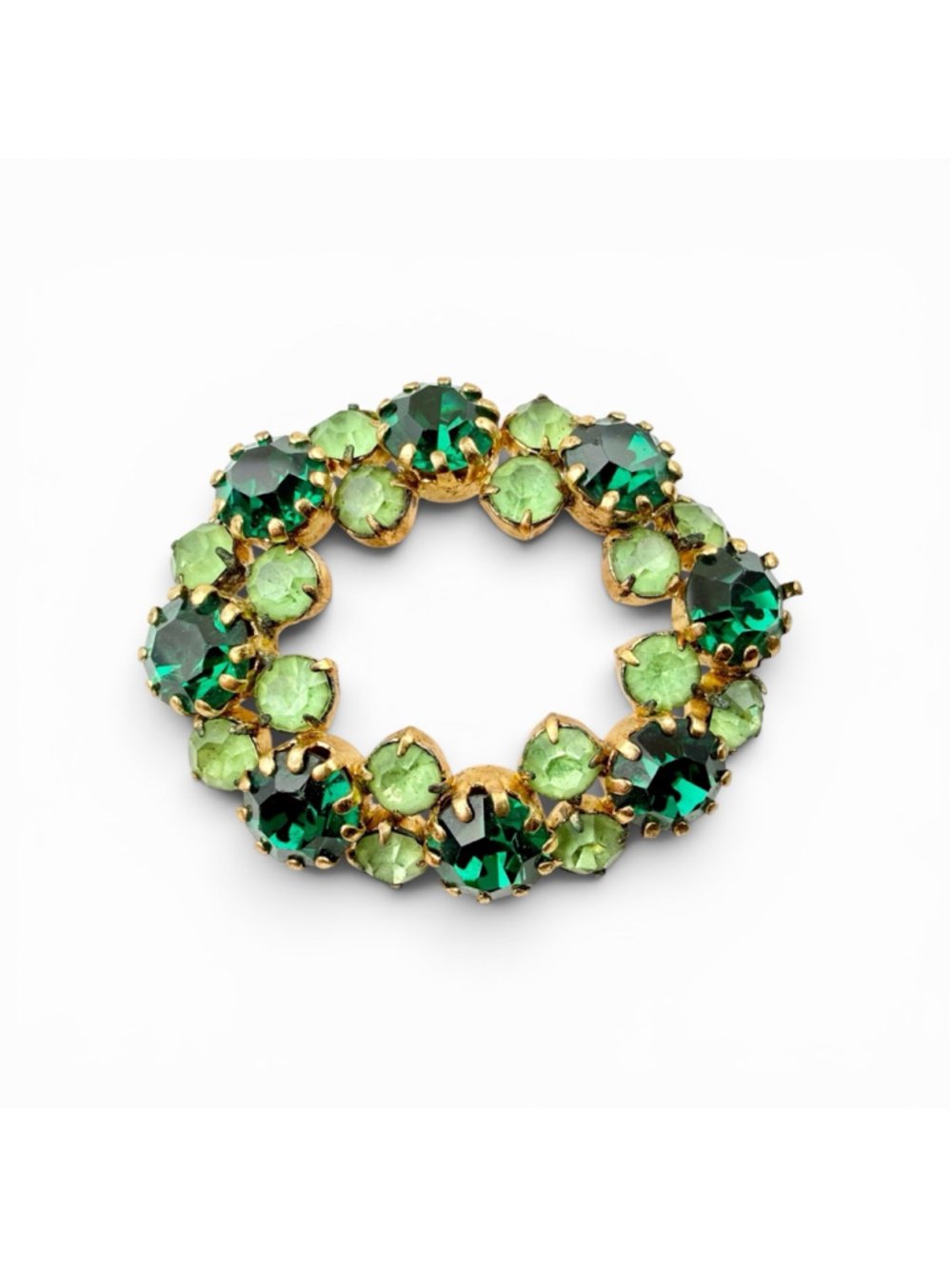 Vintage Green Rhinestone Brooch Wreath Pin 1950s Austrian Style Crystal Circle
